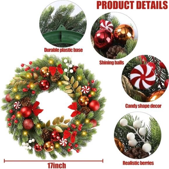 BRAND NEW Christmas Wreath for Front Door 17 Inch - Picture 8 of 9